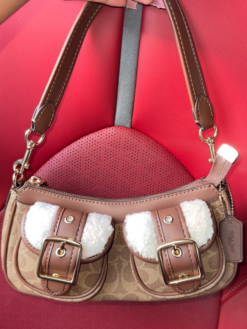 Coach Brown & White Signature Mini Shoulder Bag with Shearling Accents